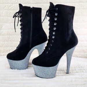 Adore Black FX Suede Hologram Silver Mini Glitter High Heel Platform Ankle Boots